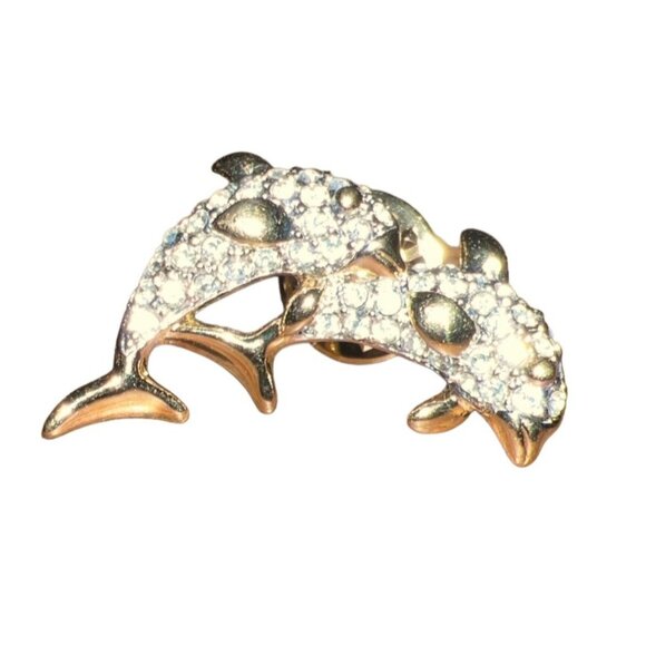 Dolphin-Themed Gold Tone Rhinestone Encrusted Brooch Pin - Picture 7 of 11